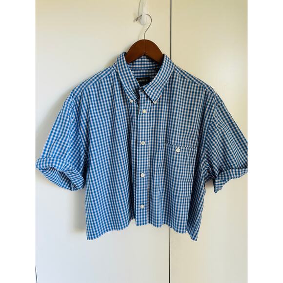 Upcycled Vintage Orvis Button-Up Shirt Cropped Blue Size XL Preppy Reworked - Picture 2 of 7